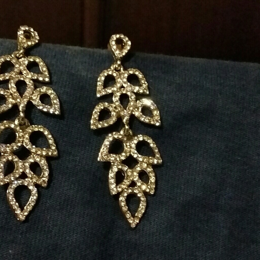 Silver Rhinestone Leaf Dangle Earrings - image 2